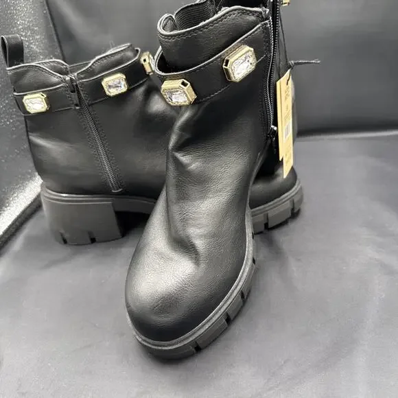 Madden NYC Women's Black Rhinestone Chain Zip Lug Sole Chelsie Ankle Boots Sz 9 - Picture 1 of 13